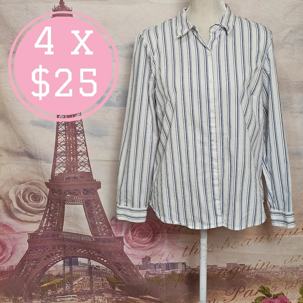 Nine West White and Blue Striped Shirt